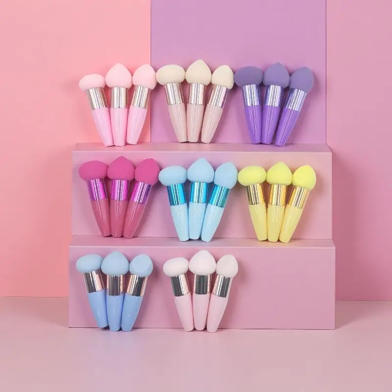 3-teiliges Set Pilzkopf-Make-up-Pinsel für Damen, Beauty-Foundation-Schwamm, Puderquaste mit Griff, Glatt Geformtes Kosmetikwerkzeug – Detail 2