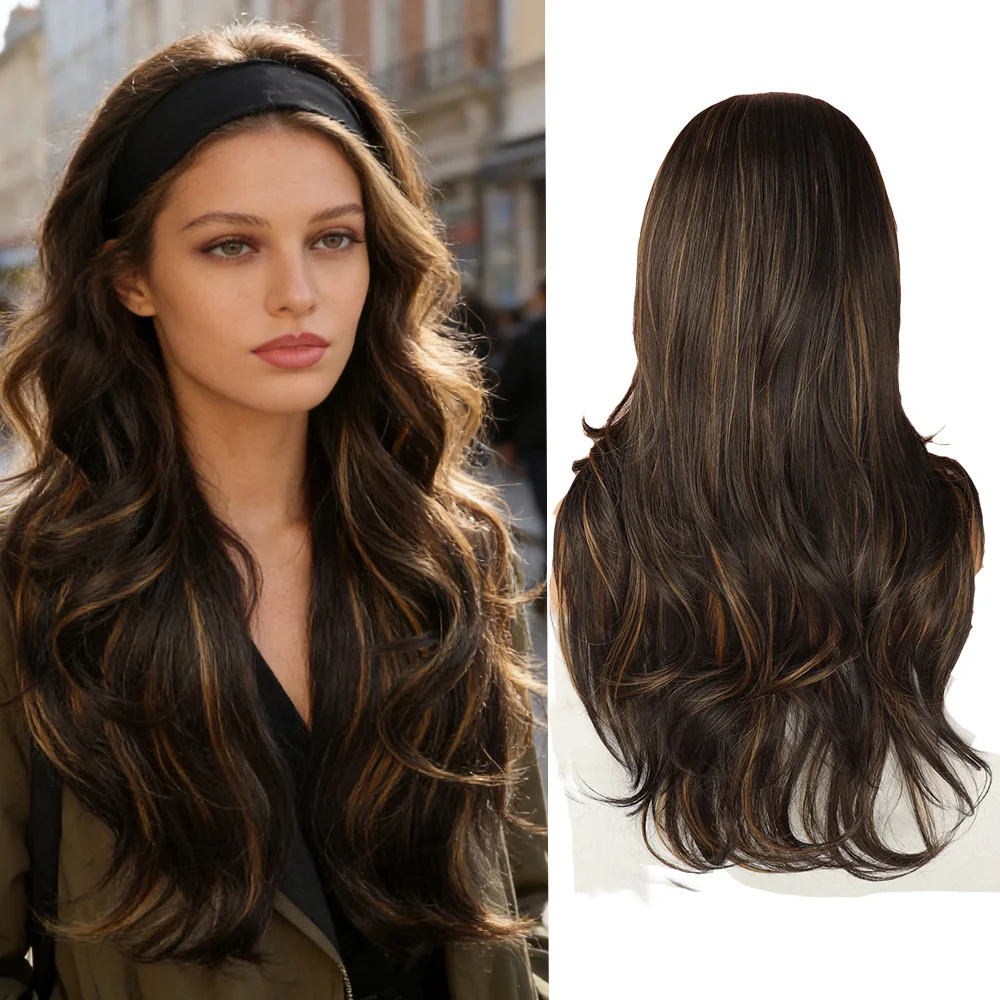 

Synthetic Water Wave Headband Wig For Black Women And Cosplay Long Hair 28Inch Curly Headband Wigs Natural Color No Glue No Sew