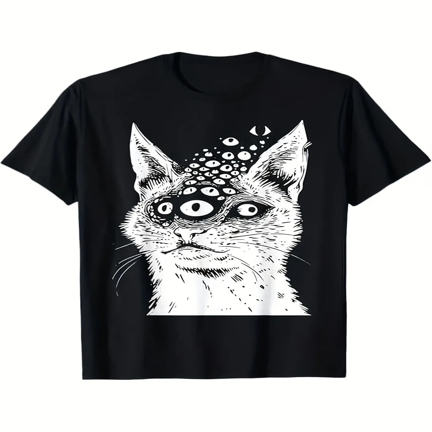 Men'S Trippy Horror Goth Weirdcore Cat Grunge - Vintage-Inspired Graphic Print T-Shirt, Soft Breathable, Regular Fit Crew Neck Short Sleeve, Machine Washable Casual Tee for Casual Attire, Plus S Retro Graphic Shirt, Holiday Tshirt