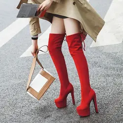 Over The Knee Boots Womens Suede Thin High Heel Platform Shoes Round Toe Stretch Thight Goth Shoe for Women