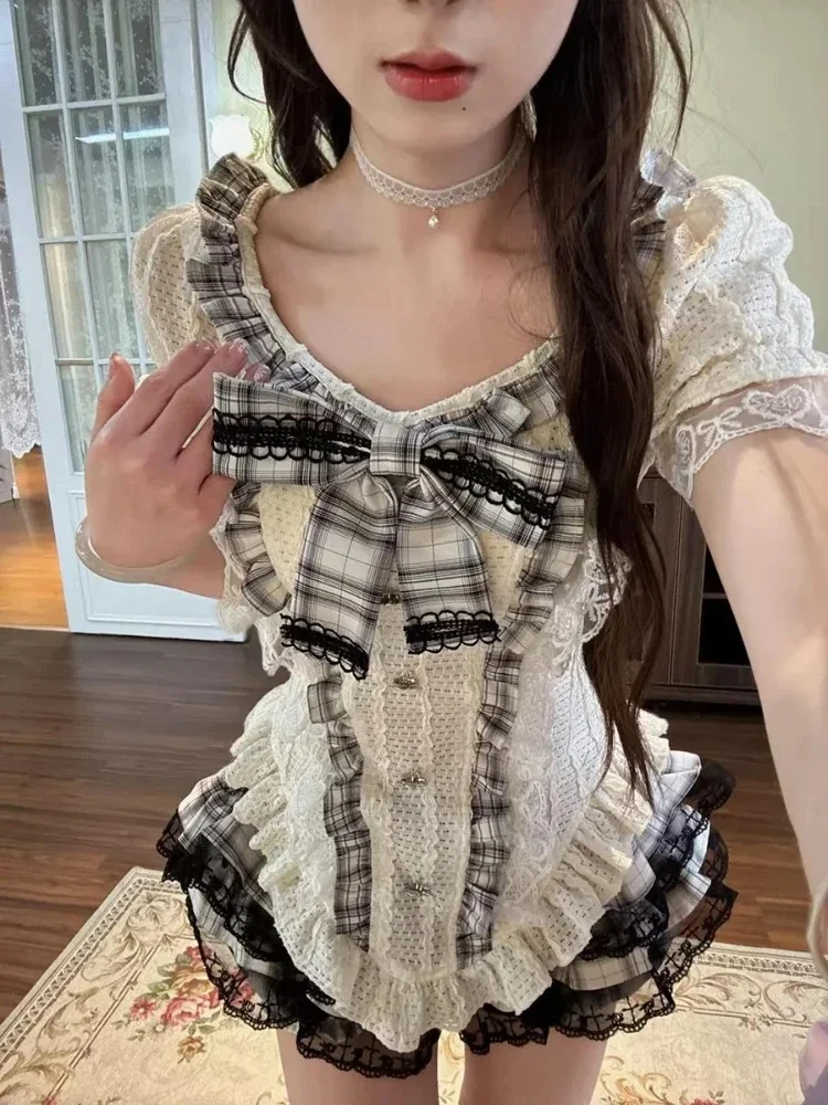 Moonlit Rose لطيف الحد من العمر فتاة حلوة الدانتيل حافة التخسيس تصميم أعلى نصف الجسم كعكة تنورة السراويل قطعتين مجموعة #1