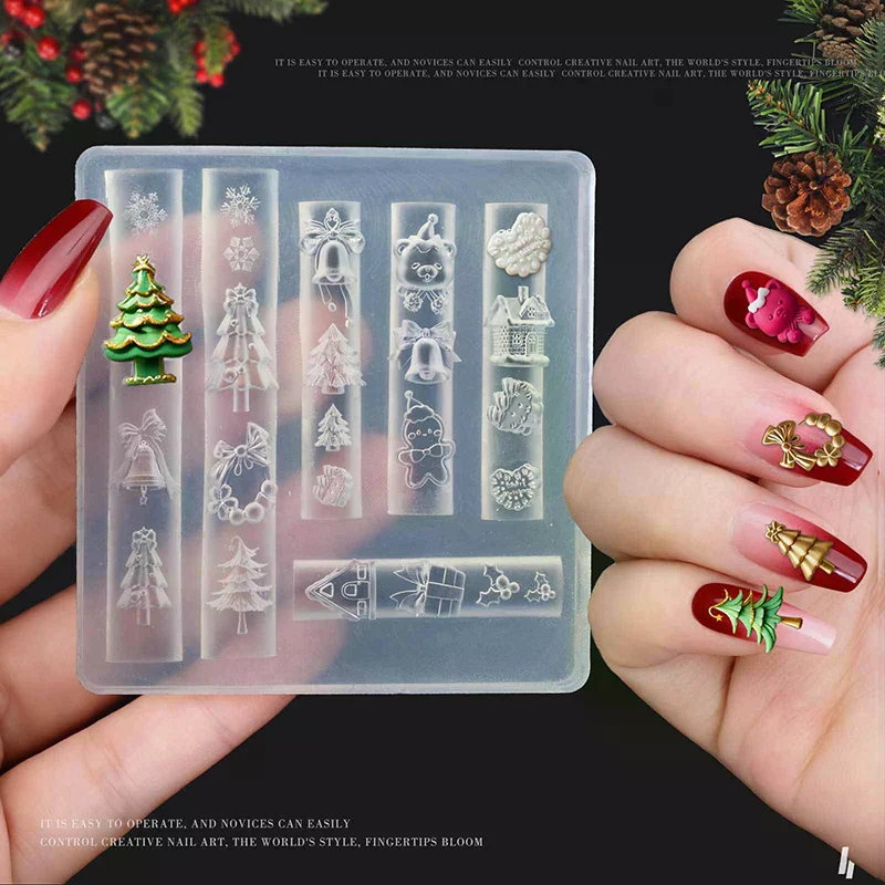 Muñeco de nieve de Navidad, árbol de Navidad, molde 3d para uñas, copos de nieve, muñecos de nieve, decoraciones para uñas, diseño Diy, molde para manicura de silicona, arte de uñas
