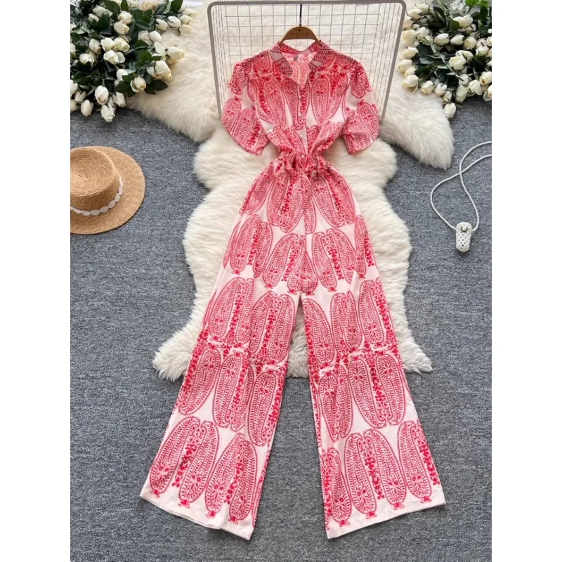 Retro Style Travel and Vacation Jumpsuit for Women in Summer 2025 Waist Cinched Single Breasted Short Sleeved Printed Jumpsuit