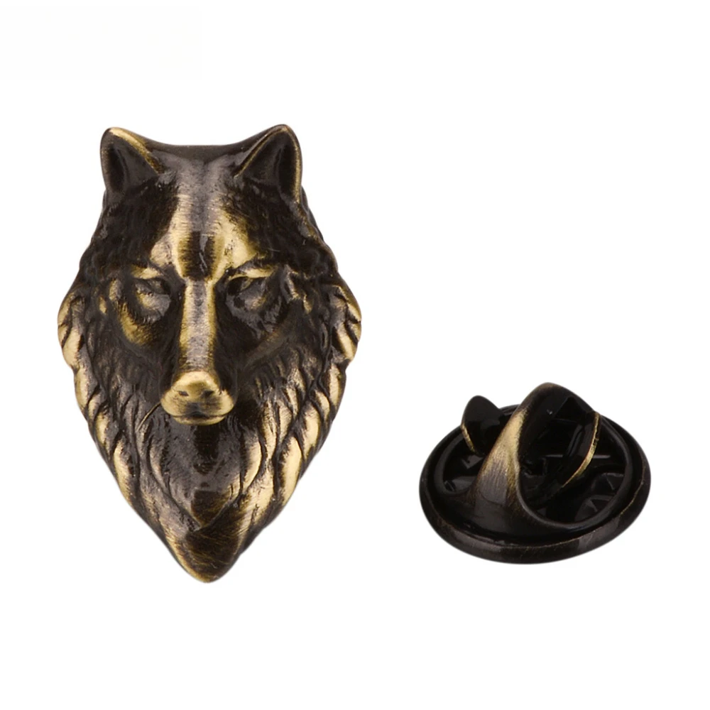 Vintage Brass Wolf Head Cufflink Brooch Personalized Wolf Head Handsome Suit Collar Pin Men's Business Dress Shirt Accessories