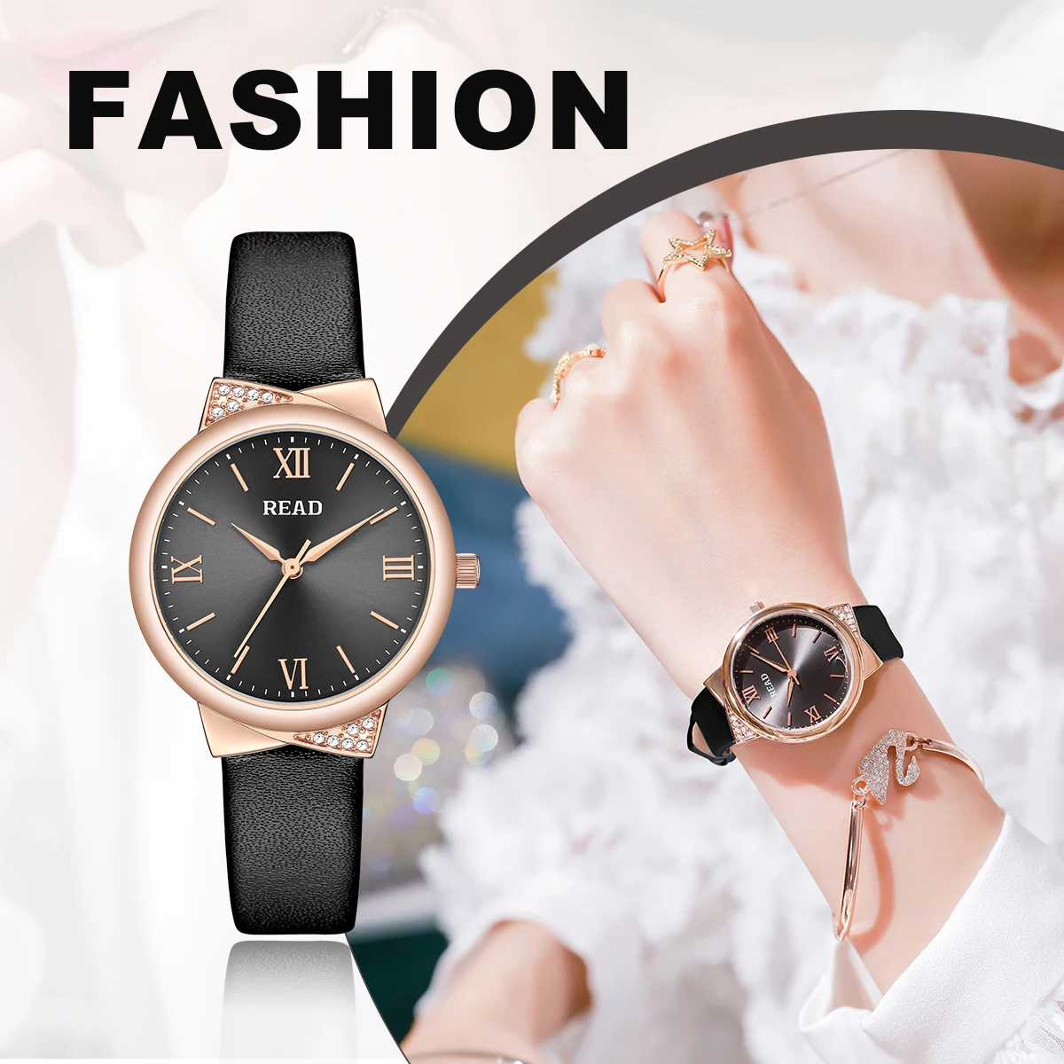 READ Ladies Analog Watch | Unique Corner Ornament | Sun‑Brushed Dial | Black Textured Band | Daily Water Resistant Dress Watch