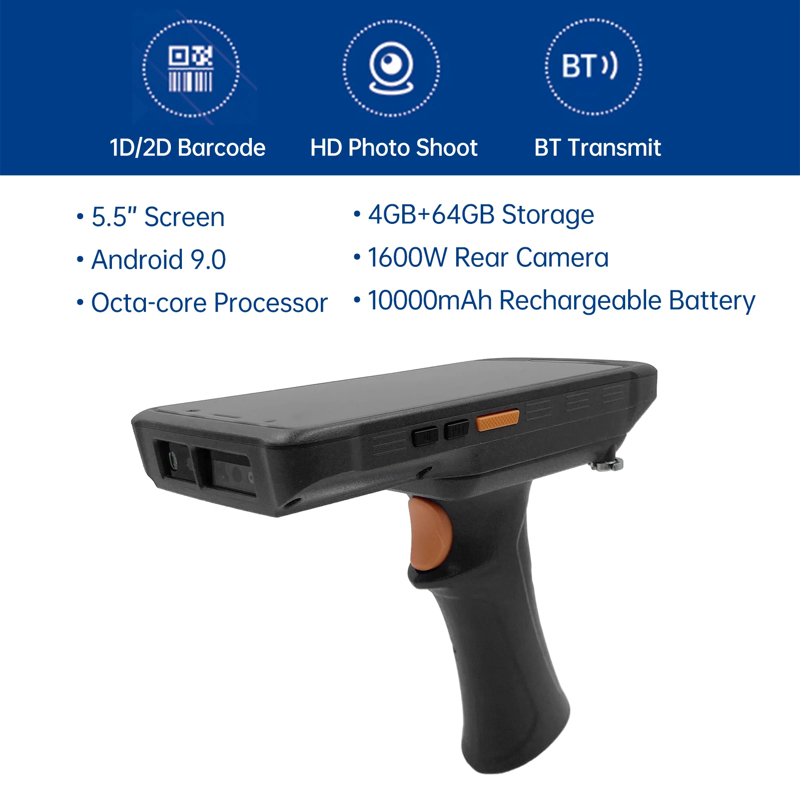 Barcode-Scanner Handheld PDA-Scanner POS-Terminal Datensammler Inventarmaschine 2D-Barcode-Scanner 4G WiFi BT 5,5-Zoll-Bildschirm