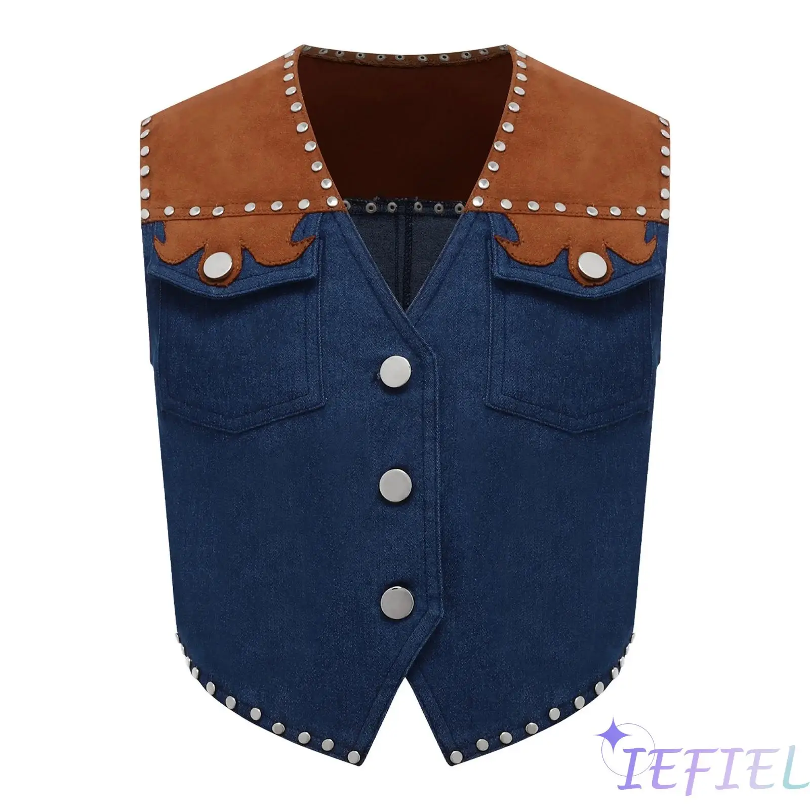 

Kids Unisex Western Cowboy Cosplay Costume V Neck Buttons Rivet Fringe Vest Denim Cowboy Vest Role Play Halloween Party Costume