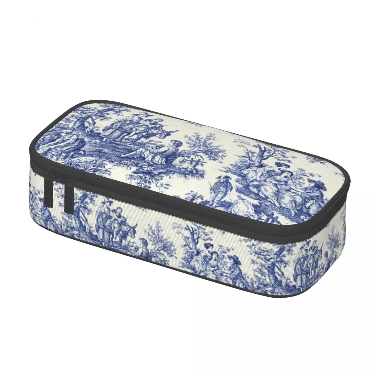 Customized Classic French Navy Blue Toile De Jouy Motif Pattern Kawaii Pencil Cases Traditional France Art Pencil Bag Stationery