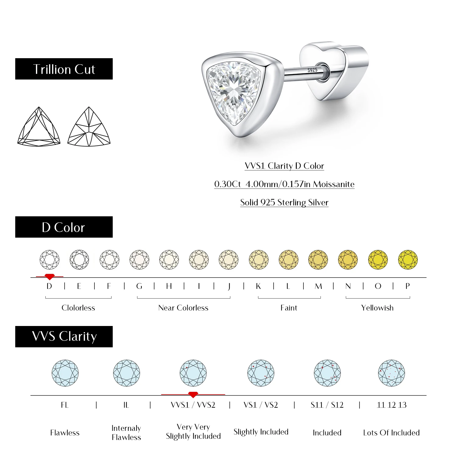 MODIAN Moissanite Cartilage Stud 925 Sterling Simple Stackable Triangle Heart Screw Stud Earrings For Women And Men Fine Jewelry - view 3