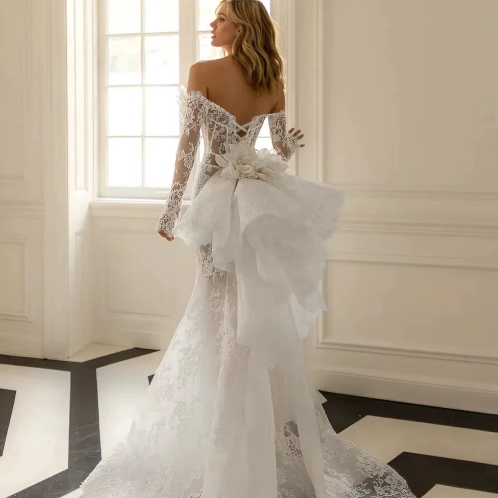 Customized New Arrival Lace 3D Floral Wedding Dress For Woman Bride Off Shoulder Mermaid Long Dreamy Backless Bridal Gown