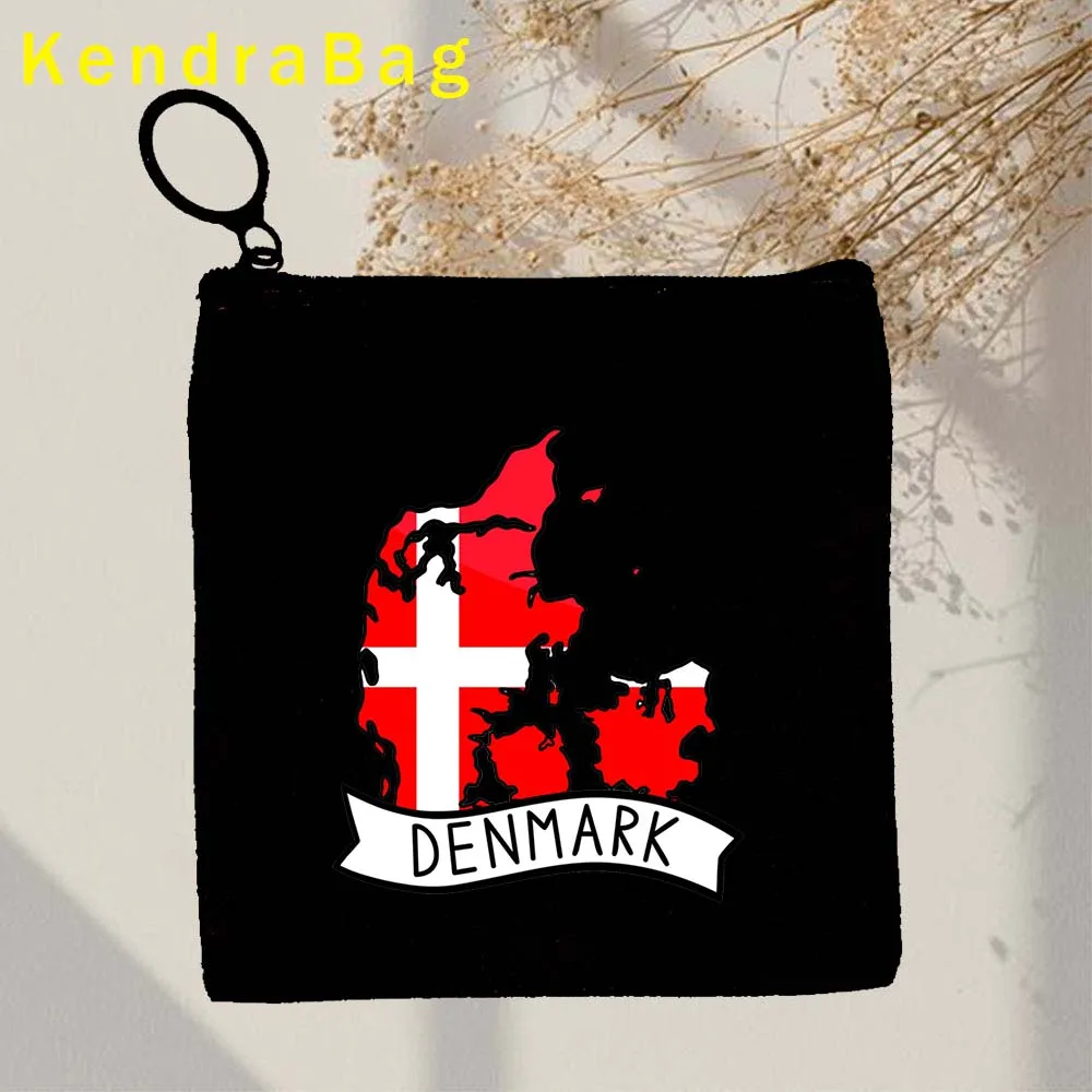 Denmark Country Flag Map Key Coin Purse Canvas Bag LOVE HEART Copenhagen Denmark Girl Cute Pouch Cotton Bags Wallet Zipper Gifts