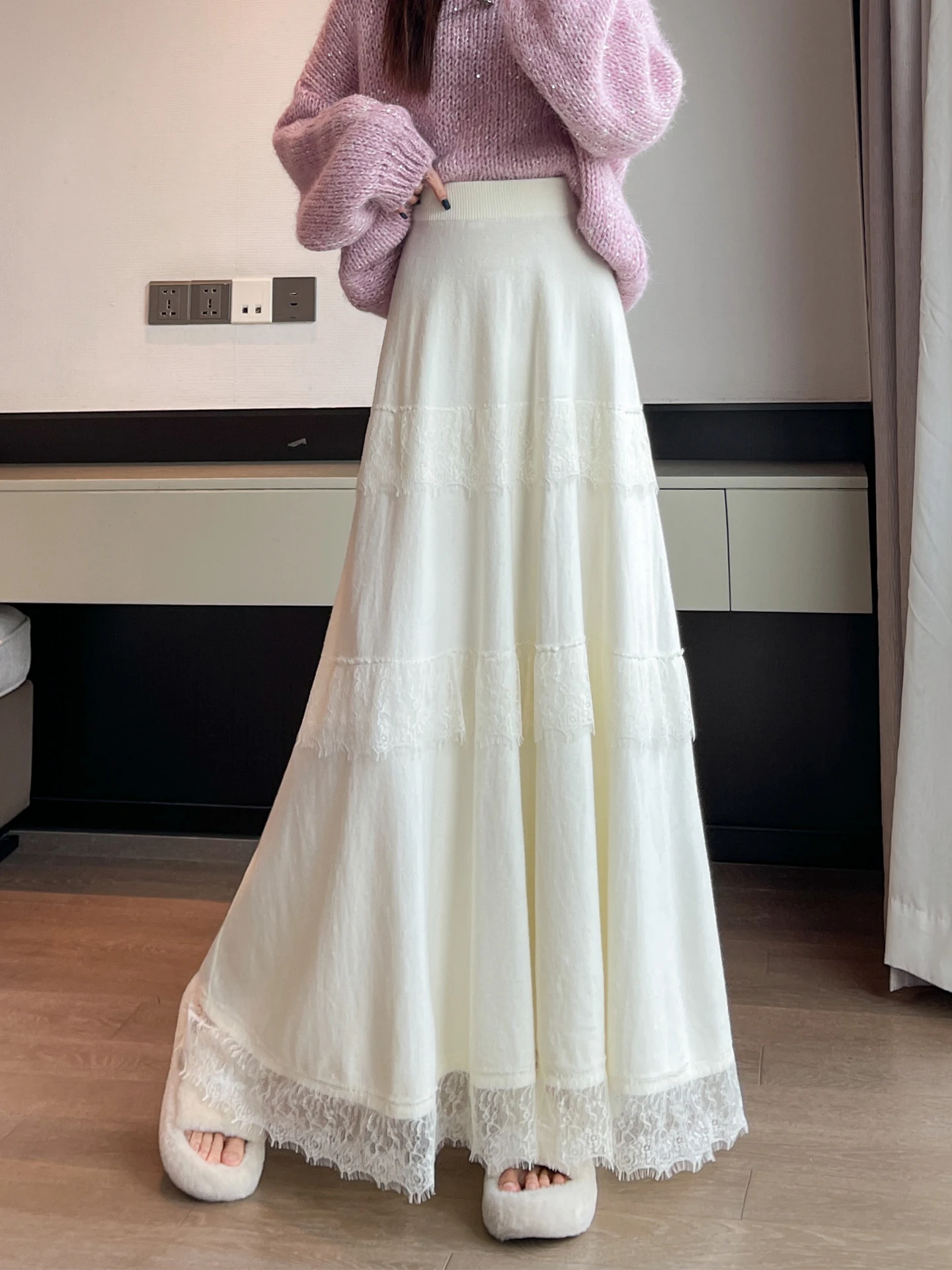 

Белая кружевная вязаная юбка-миди А-силуэта для женщин, повседневная драпированная юбка-солнце, мягкая, удобная, с высокой талией, во французском стиле