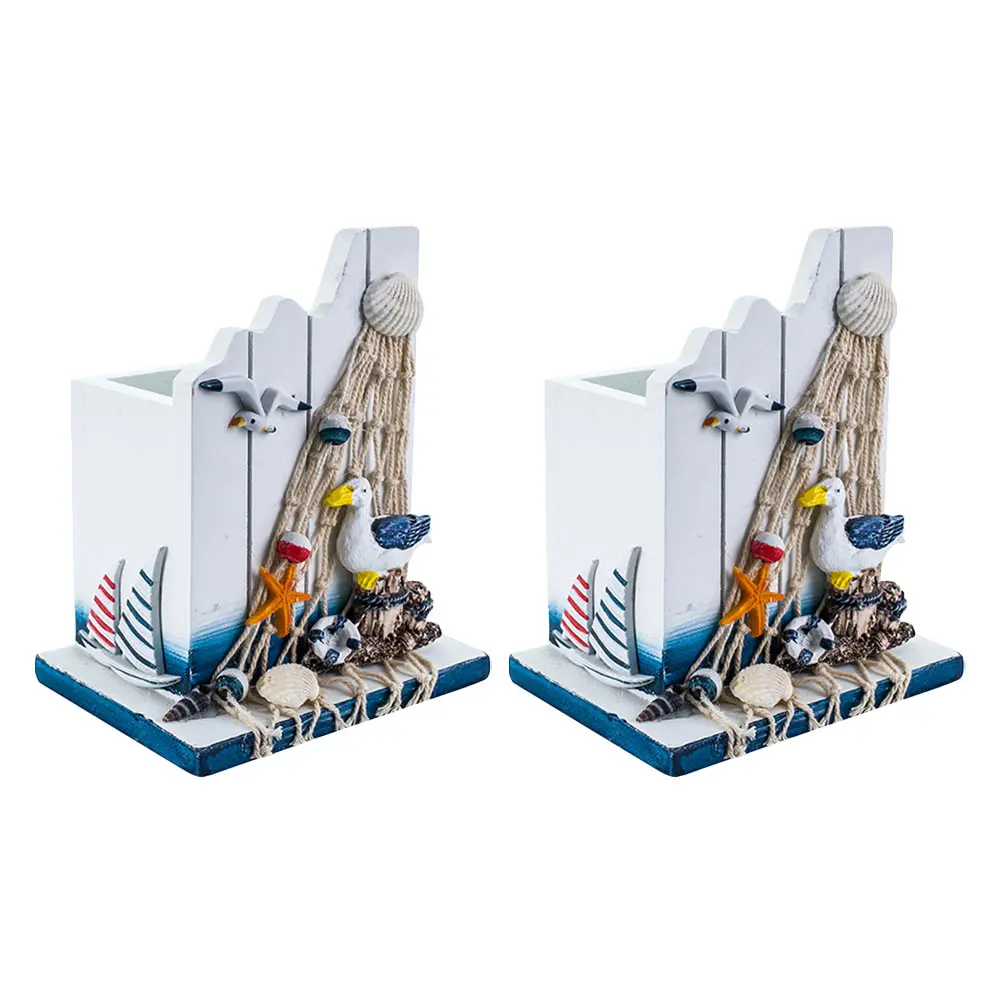 

2Pcs Sailing Ship Pen Holder Wooden Desk Organizer Mediterranean Design Pencil Pot Stationery Box Storage