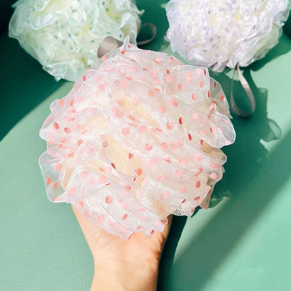 

Cute Dot Pattern Exfoliating Bath Ball Pe Mesh Loofah for Body Skin Cleaning Gentle Scrubber for Kids Adults Travel Friendly