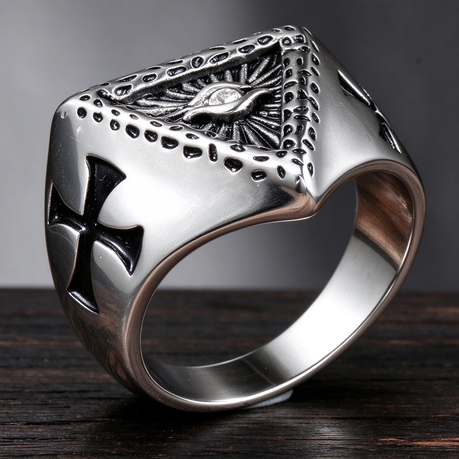 Illuminati Pyramid All Seeing Eye Rings 316L Stainless Steel Inlaid Crystal Cross Gothic Rock Motorcycle Rider Ring Jewelry