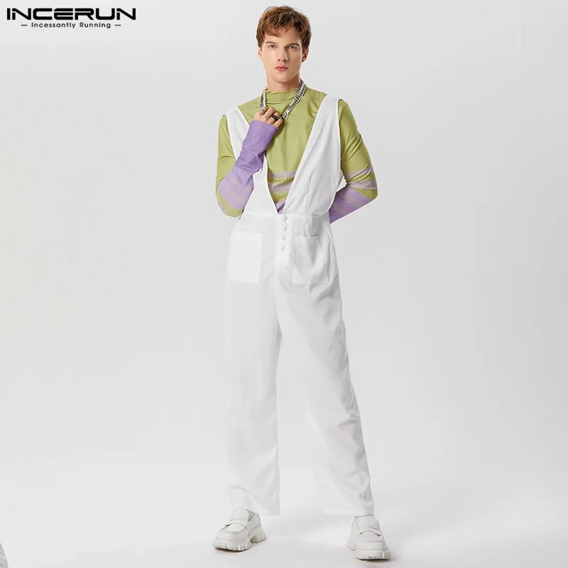 INCERUN 2024 American Style New Men's Casual Solid Design Strap Pants Fashion Streetwear Hot Selling Sexy Comfortable Jumpsuits