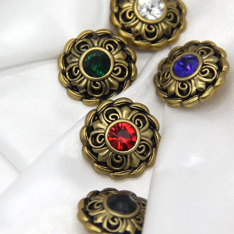 6pcs Antique Colorful Flower Bronze Rhinestones Buttons For Clothes Chic Suit Blazer Party Dress Handmade Decorations DIY Crafts