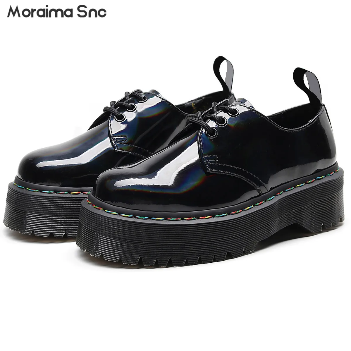 

Patent Leather Laser Thick-Soled Shoes Colorful Thread Lace-Up Pumps Genuine Leather Fashionable Casual Large Size Women's Shoes