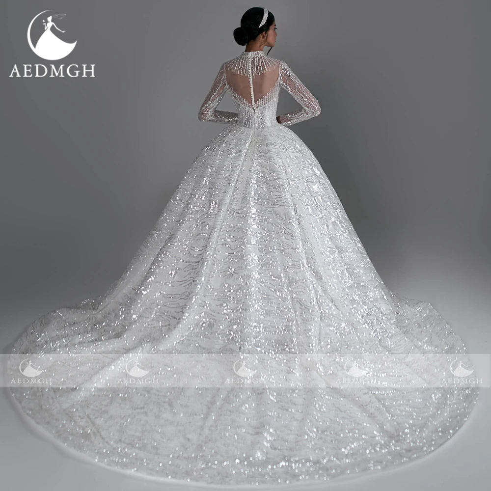 Aedmgh Ball Gown Gorgeous Wedding Dresses High Neck Long Sleeve Vestido De Novia Lace Sequined Shiny Custom Made Bridal Gown