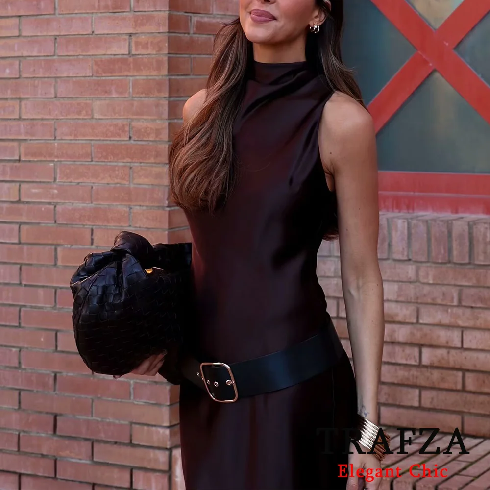 TRAFZA Vrouwen Elegent Satijnen Midi-jurk Met Riem Seleeveless Lange Jurk Nieuwe 2025, Lente Zomer Mode Commuter Party Datum Jurk