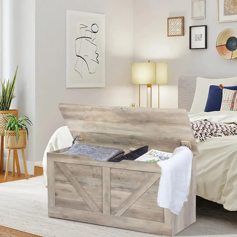 Großer Aufbewahrungsbehälter aus Holz mit 2 Sicherheitsscharnieren, graue Schuhbank im Eingangsbereich für Wohnzimmer und Schlafzimmer