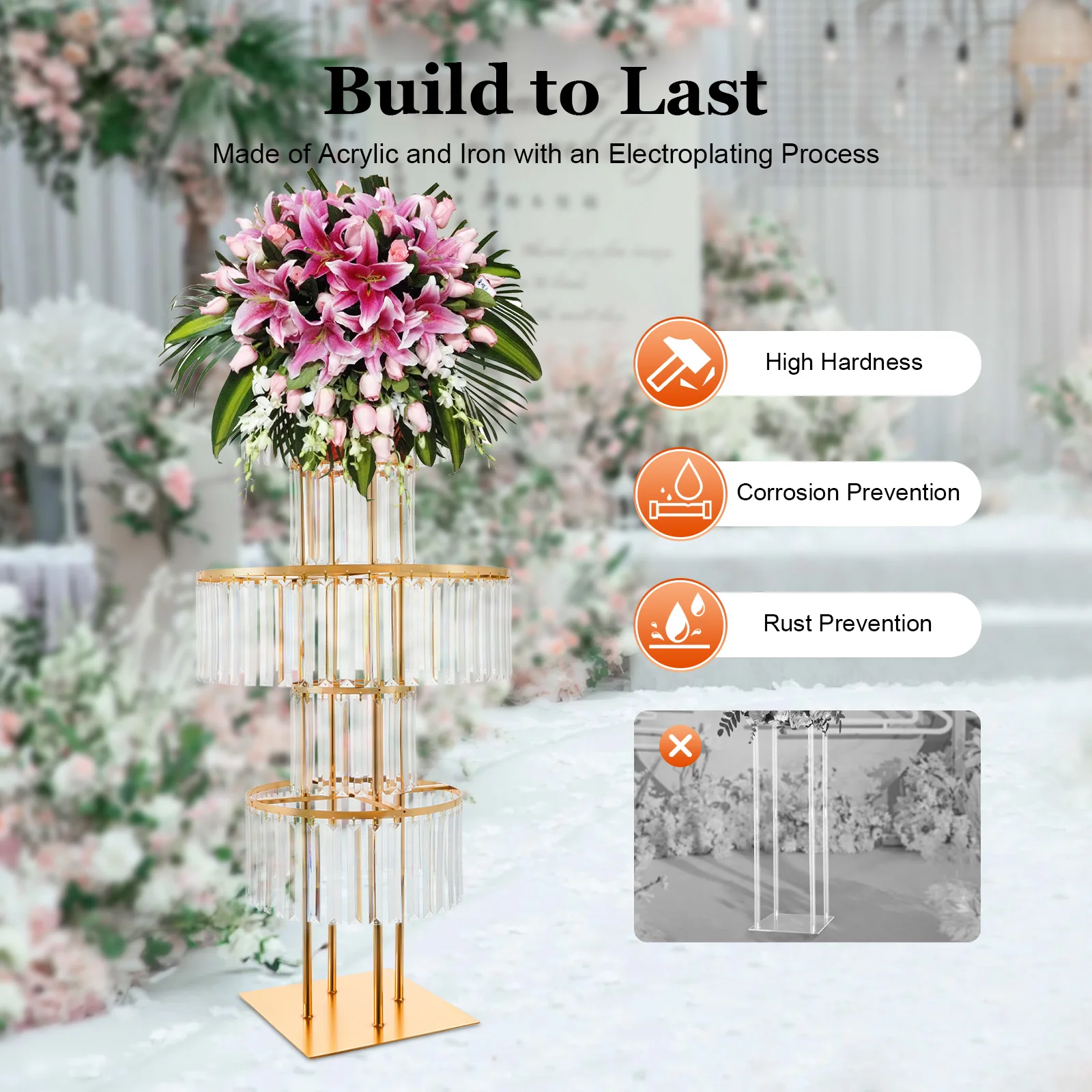 5-Tier Wedding Centerpieces Crystal Flower Stand, 11.81x11.81x43.3 Inch Wedding Flower Stand with Crystal Pendants, Acrylic & Iron, for Wedding, Party, Home Decoration
