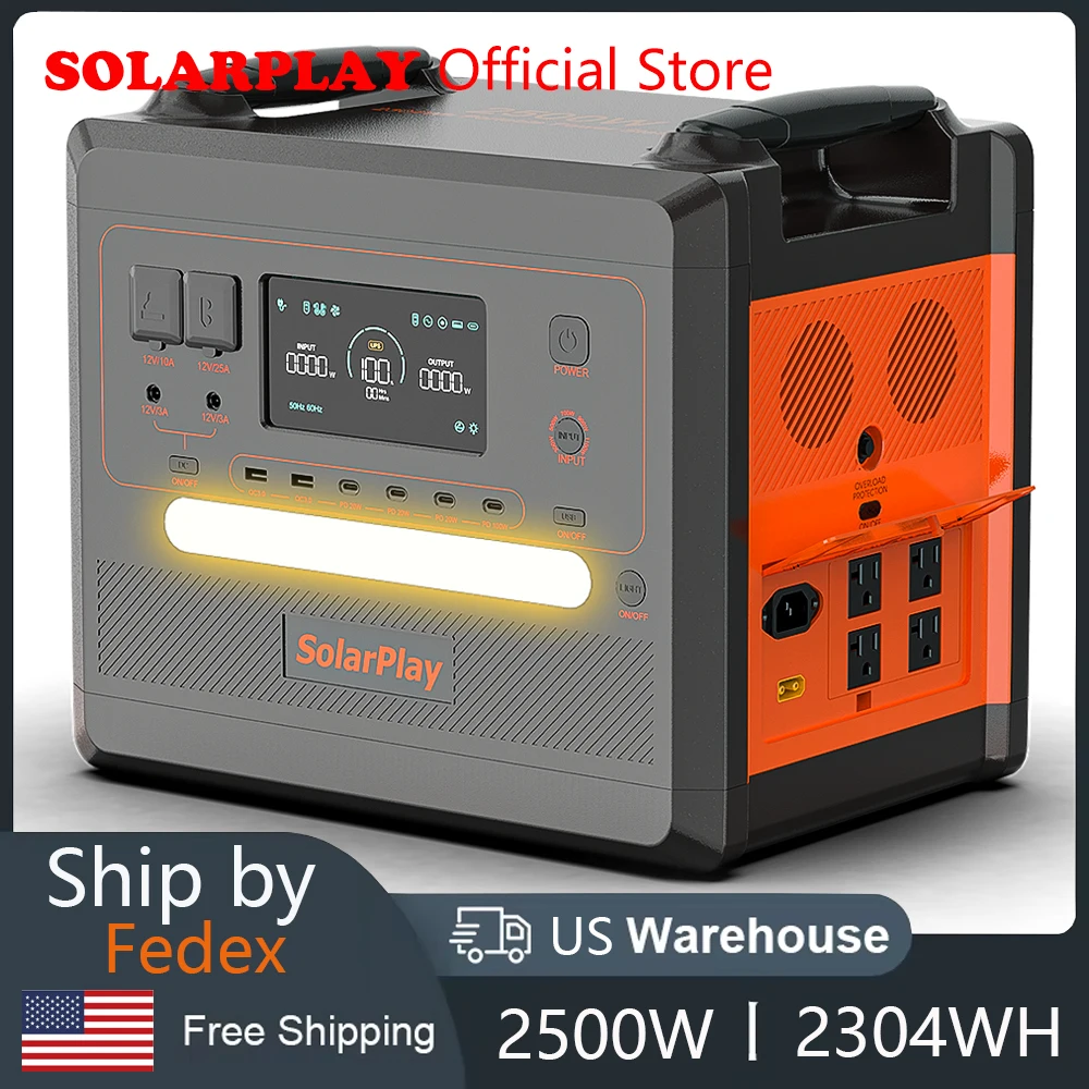 SOLARPLAY Portable Power Station 2500W/2300Wh Solar Generator with 4 AC Outlets (4800W Peak) Large Capacity Emergency Power