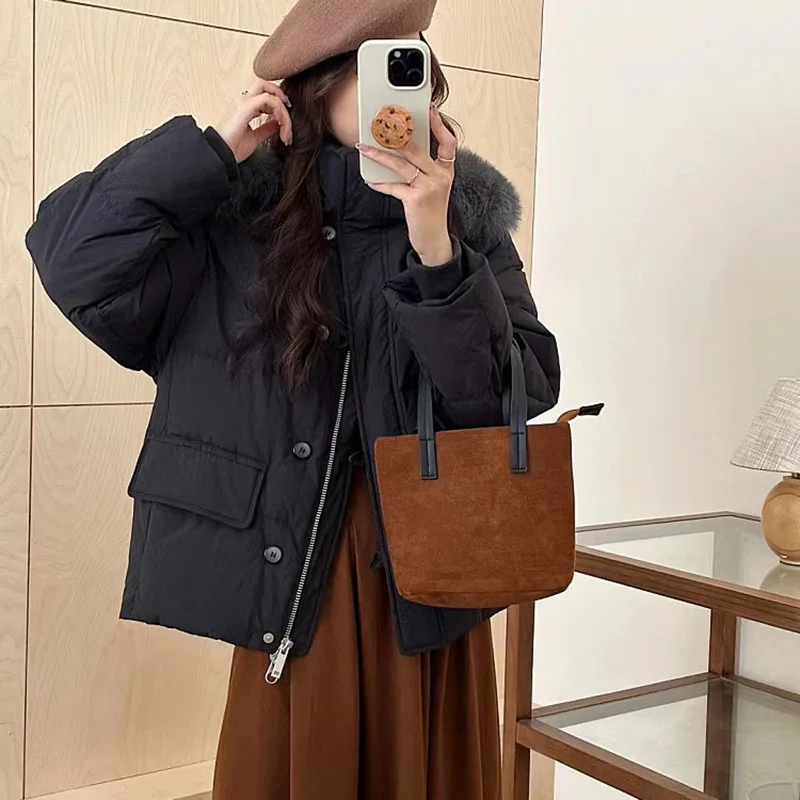 

2025 New Winter Warm Hooded Fur Collar Solid Color Women's Down Jacket Short Long-Sleeved White Duck Down Women Down Jacket H592