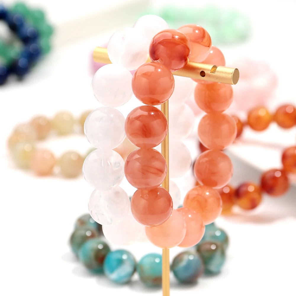 Böhmische Acryl-Armbänder mit bunten, marmorierten, elastischen, runden Perlen, trendige, geometrische, stapelbare Armreifen, Schmuck für Damen – Detail 7