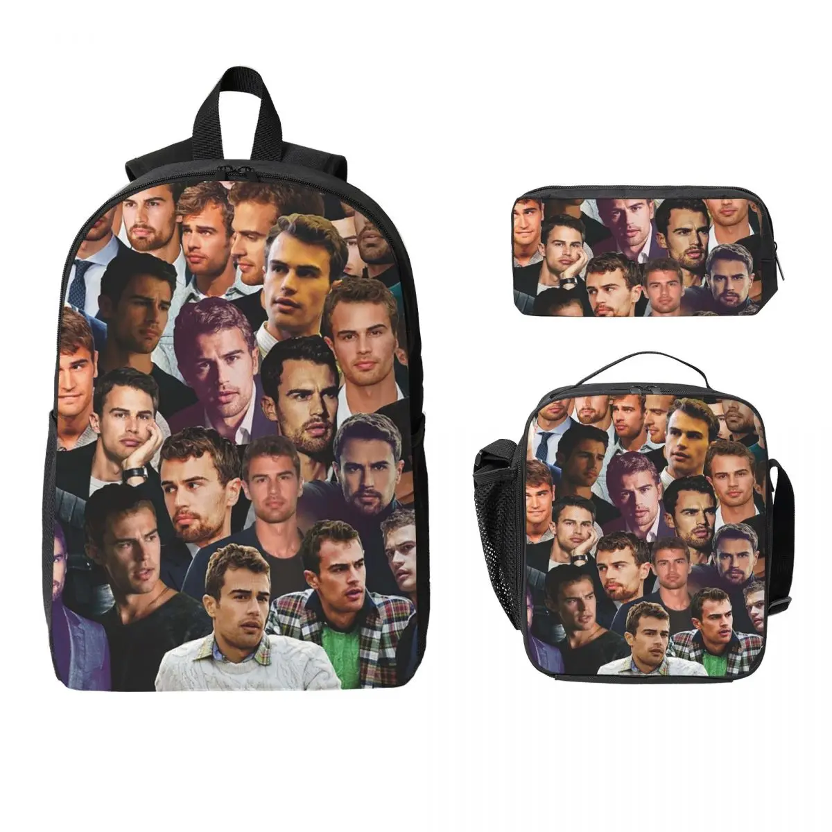 Theo James Photo Collage Backpack Student BookBag School Bag Computer Shoulder Bags 3ps Insulated Lunch Bag Pencil Case