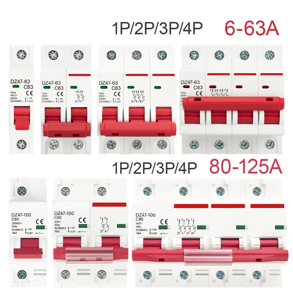 DZ47 400V 1-4P C Type Mini Circuit Breaker MCB Short Overload Circuit Protector 35mm Din Rail Mount Breaking Capacity 6KA