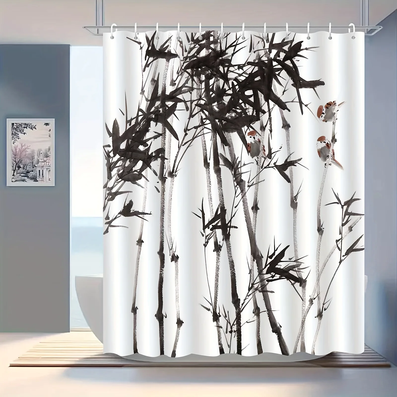 JIT1pcs Chinese Style Zen Ink Wash Newspaper Safety Shower Curtain, High-end Elegant Bathroom Curtain, Bathroom Decoration Patte