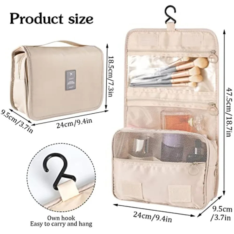 Hanging Toiletry Bag For Women, Waterproof Travel Makeup Organizer, 4 Compartments, Hanging Hook, Travel Wash Bag with Handle,