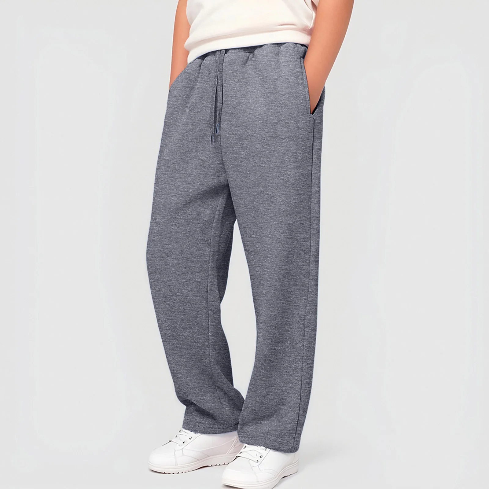 

Winter Sweatpants Boys Fashionable Casual Solid Color Comfortable Soft Trousers Loose Elastic Waisted Straight Style Long Bottom