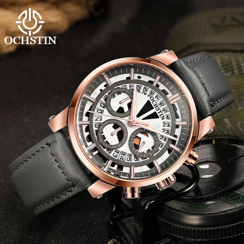 OCHSTIN Mens Soft Leather Strap Aviator Wristwatch Multifunction Quartz Movement Daily Waterproof Business Sport Wristwatch