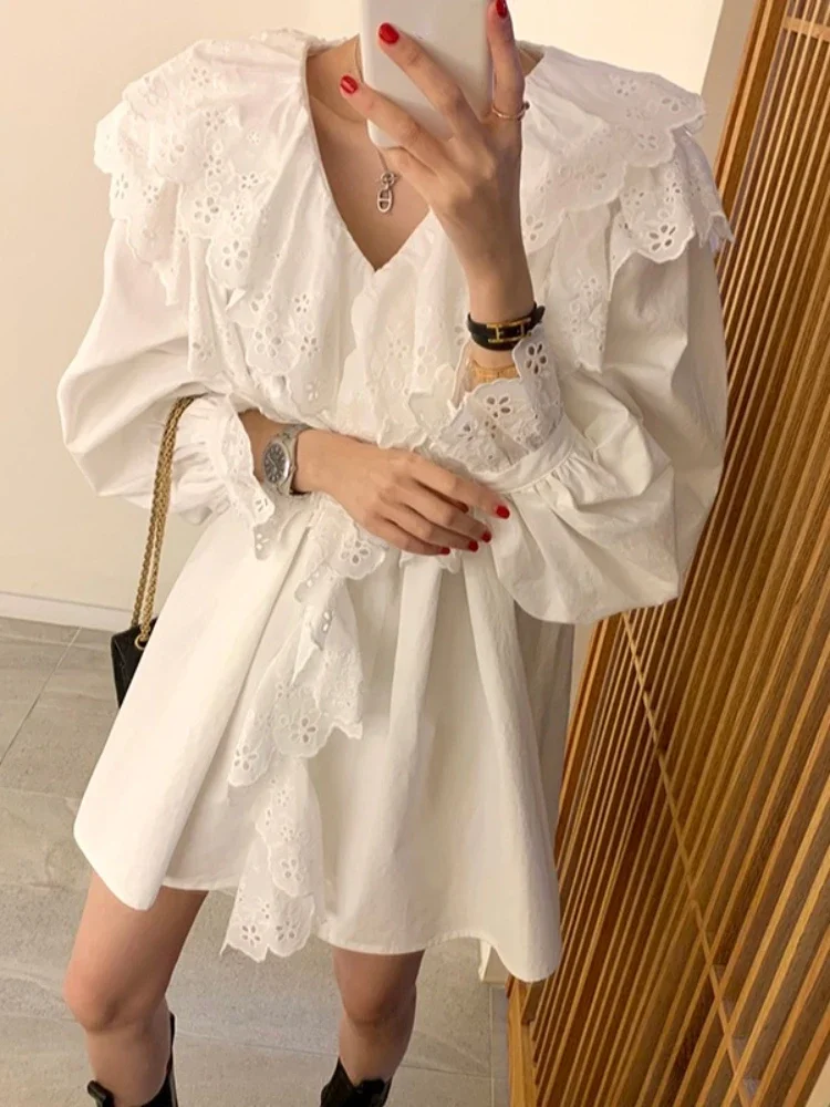 Korobov Fashion Lotus Collar Shirt Dress Hollow Lace Puff Sleeve Lantern Sleeve Vintage High-waisted Short Skirt Korean Vestidos