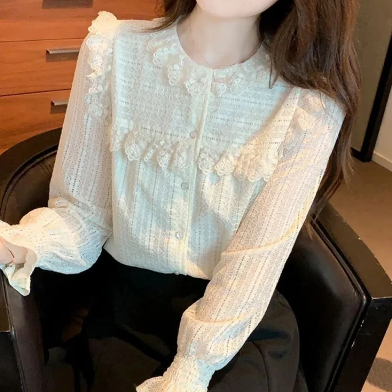 Spring Autumn New Solid Color Round Neck Long Sleeve Shirt Women High Street Button Edible Tree Fungus Cardigan Elegant Tops