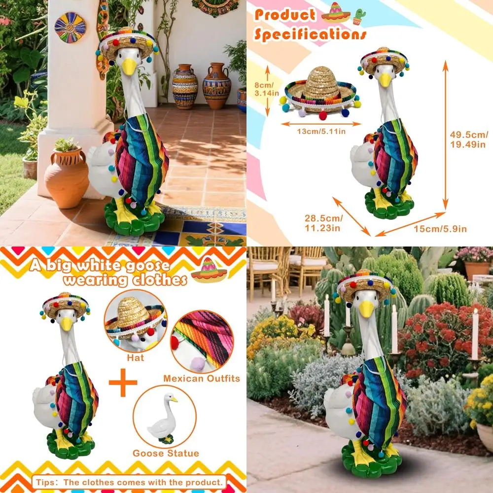 

Large Durable Resin Goose Statues with Fun Outfits, 20 Mexican Sombrero-Themed Porch Decorations for Outdoor Spaces