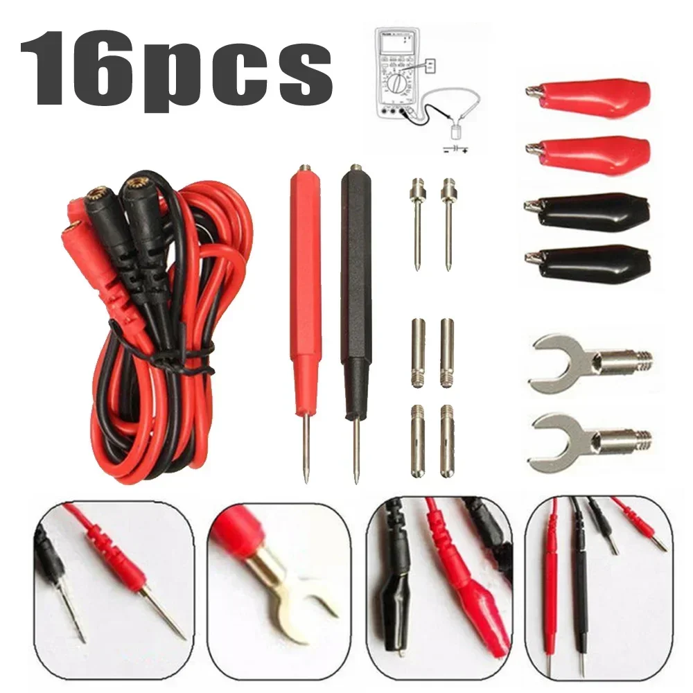 16 In 1 Digital Multimeter Probe Tips Wire Cable Test Leads &Alligator Clips Kit