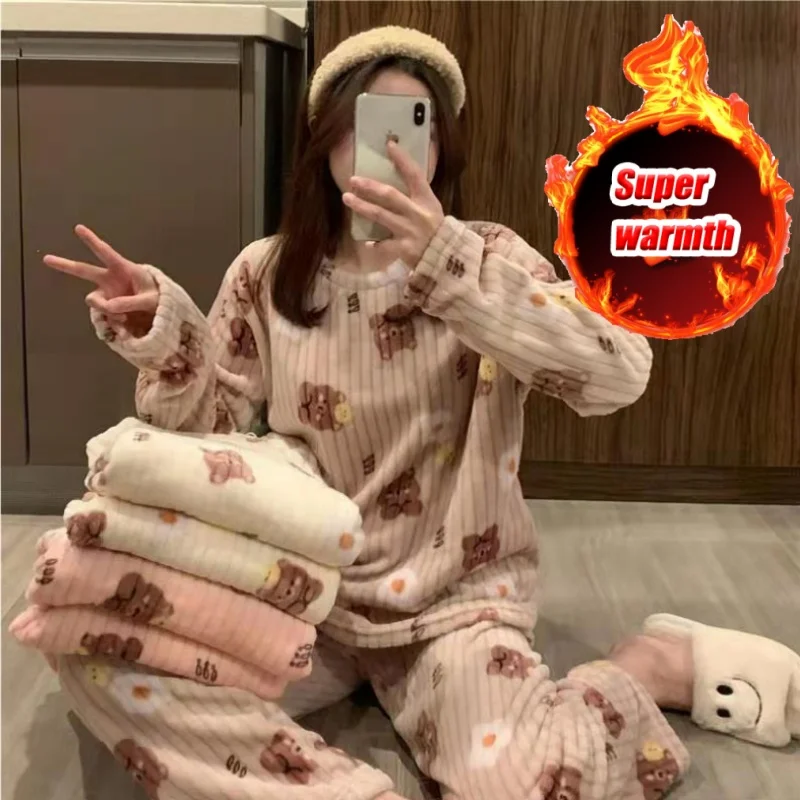 

Women Warm Coral Fleece Pajama Set Winter Bear Print Thickened Cozy Home Loungewear Sleepwear Outfit for Cold Weather