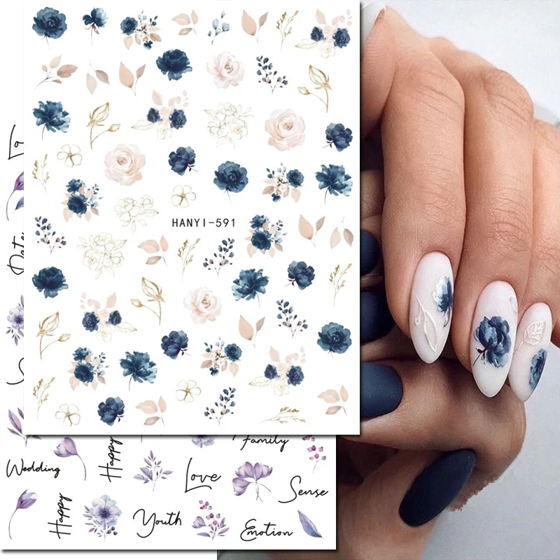 3d Nail Art Stickers Retro Color White Royalblue Blossom Flowers Buds Leaves Decals For Nails Decoration Manicure Salon Beauty