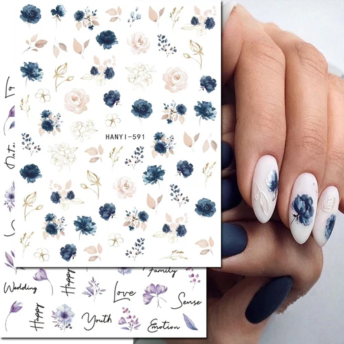 Pegatinas 3d para decoración de uñas, Color Retro, blanco, azul real, flores, brotes, hojas, calcomanías para decoración de uñas, manicura, salón de belleza