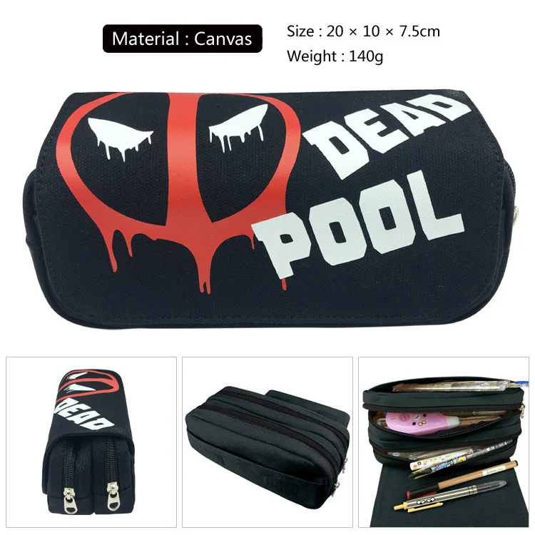 New Deadpool Student Pen Pouch Canvas Large Capacity Double Zipper Pen Case Venom Cartoon Student Stationery Box Wallet