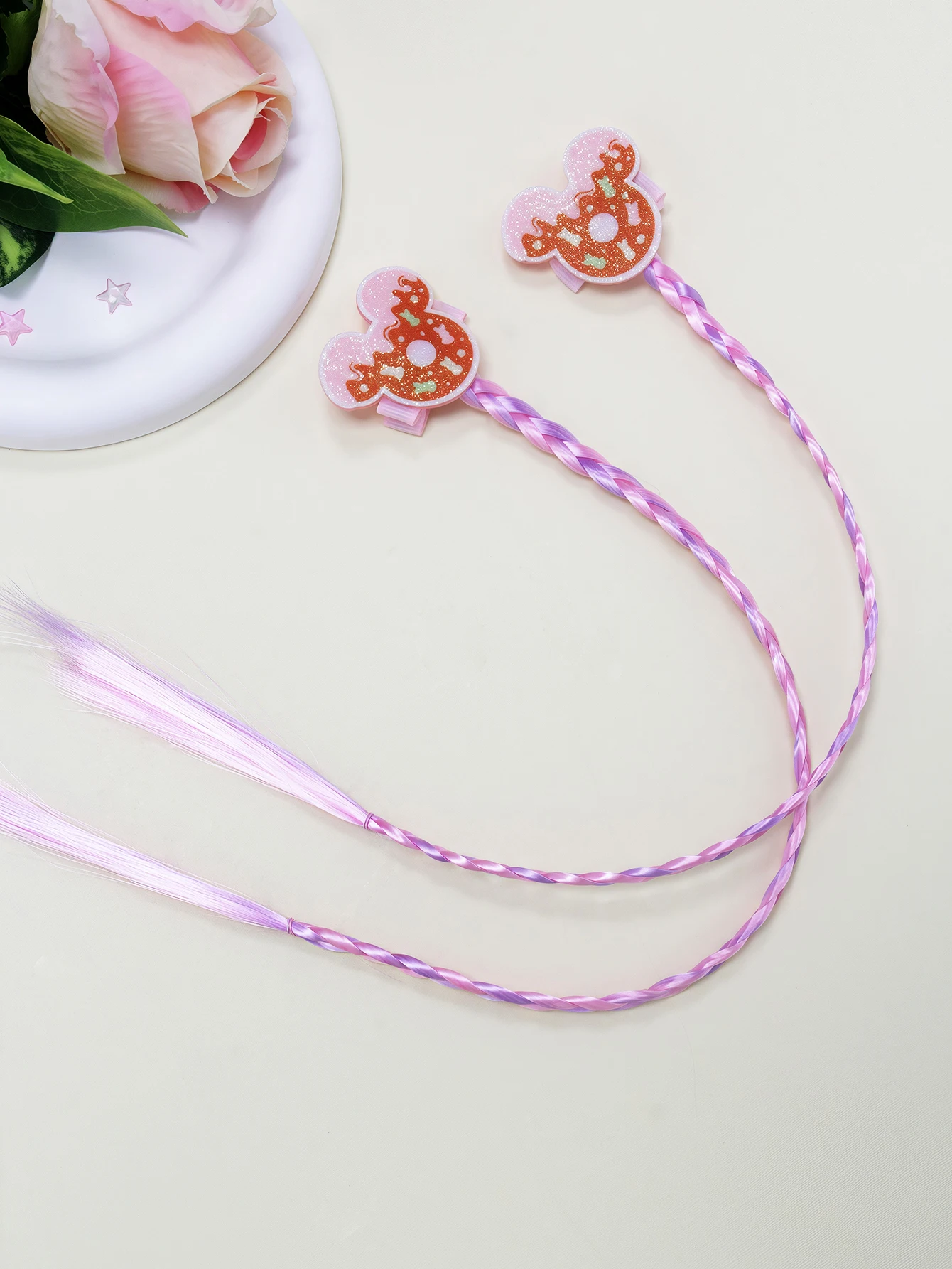 

2-piece set of creative, cute and shiny little mouse hairpins in pink-purple tones with braided wig hair, suitable for Easter