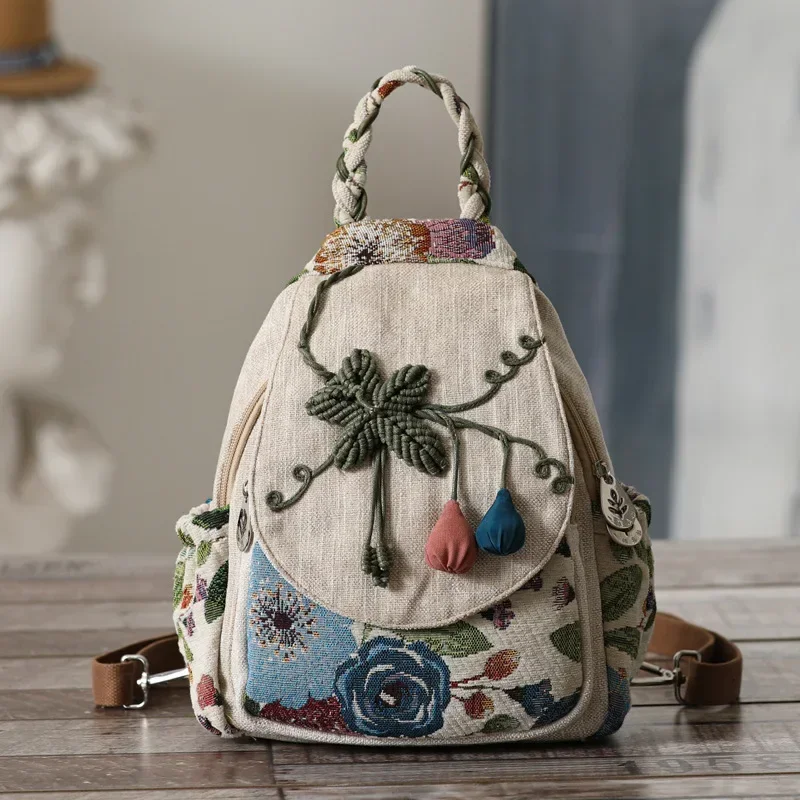 Handmade Woven Canvas Ethnic Backpack Hand Craft Vintage Unique Style Fashion Backpacks Purse Shoulder Bag Unisex Daypack