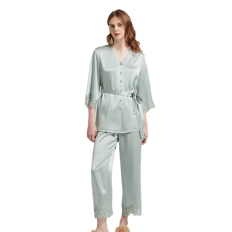 

19 Momme Real Silk Pajamas Women V Neck Lace 3/4 Sleeve Belted Waist Sleepwear Homewear Trousers Suit Nightwear Gift