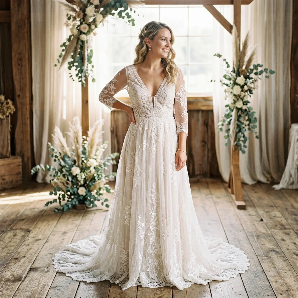 Deep V Neck 3/4 Sleeve Lace A Line Wedding Dress with Scalloped Lace Train Rustic Bridal Gown