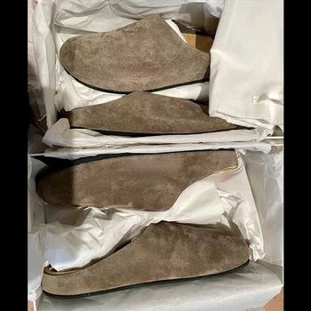 Birken Baotou Half Slippers Dames 2024 Nieuwe Dikke Bodem Overlay Half Slippers Platte Schoenen Koeienhuid Gezichtsleer Muilezel Schoenen