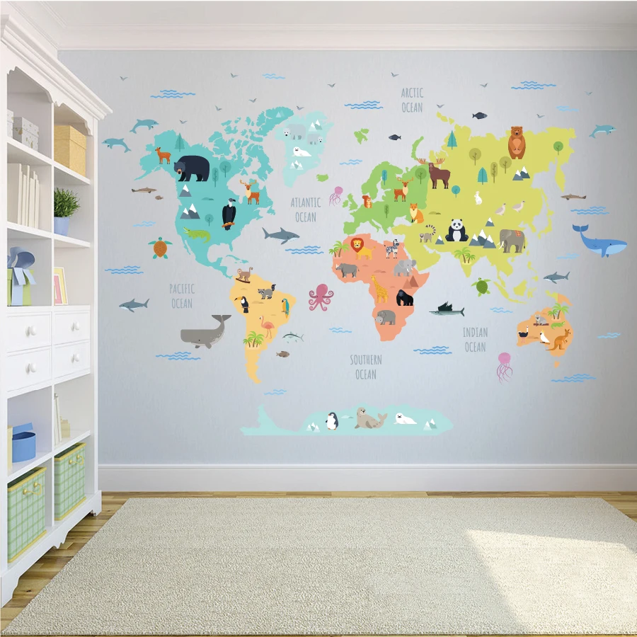 Autocollant mural carte du monde pour chambre d\'enfant, dessin animé, animal, école, art, auto-adhésif