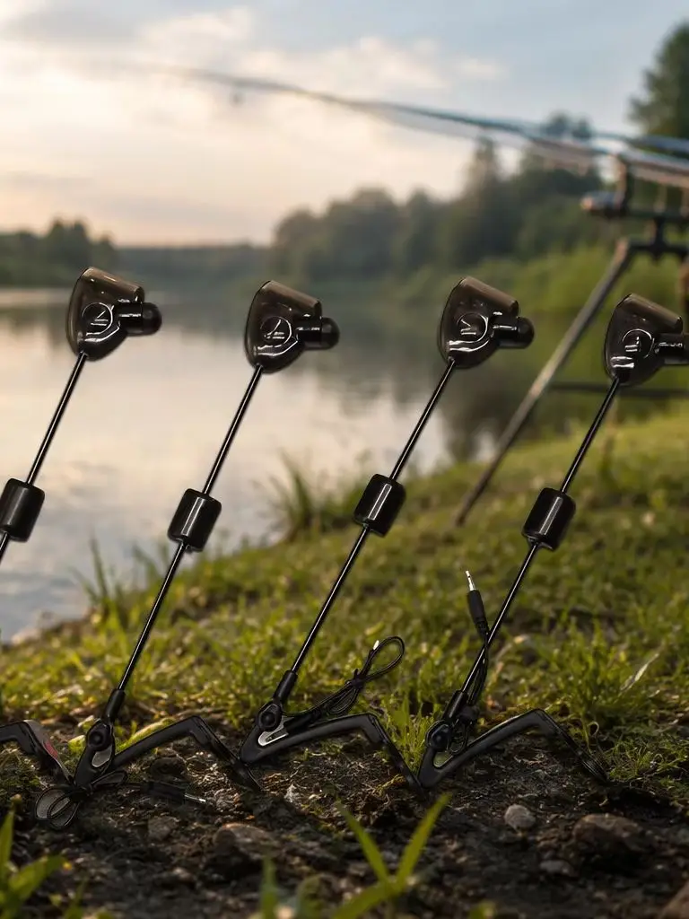 4-teiliges schwarzes Karpfen-Swinger-Set, gewichtete Metall-Swinger mit 3,5-mm-Audiostecker, empfindliche Bissanzeiger kompatibel mit Karpfen-Bissanzeigern, robuste Schutzhülle für Karpfenrutenständer